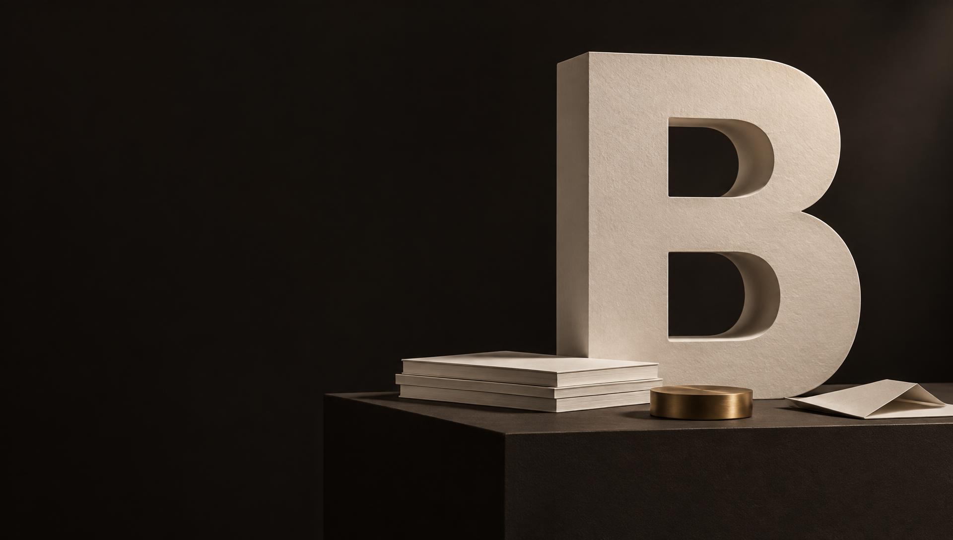 A sculptural ivory paper B in the BRAND. creative studio.